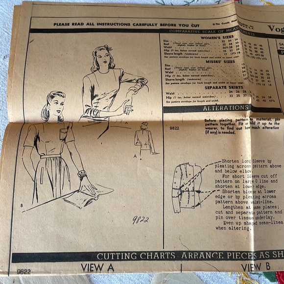 Vintage Vogue Pattern, 9822, size 16, bust 34, hip 37, ca 1940's - Picture 5 of 9